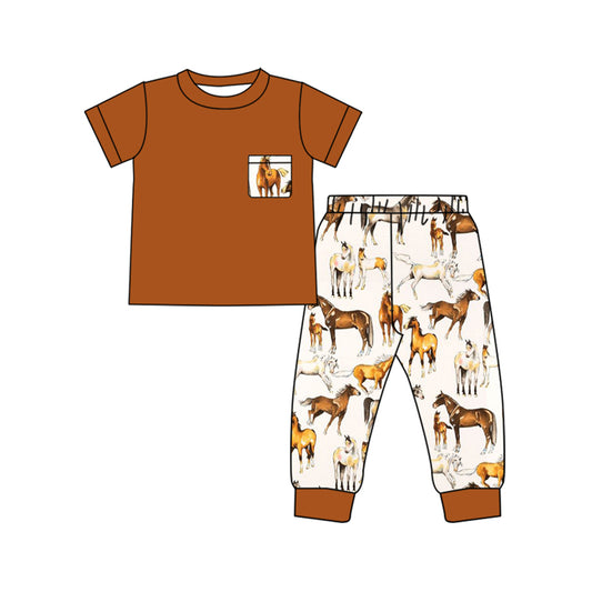 Baby Kids Brown Western Horse Top Jogger Pants Boys Clothing Sets preorder(MOQ 5)