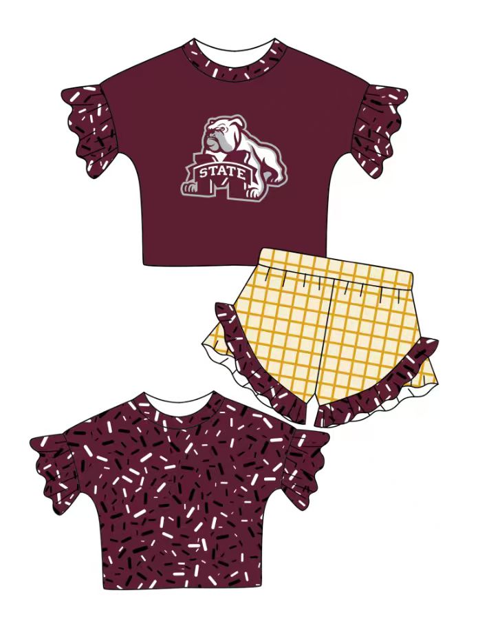 Preorder (moq 5)Baby Girls Red Sprinkles M State Top Checked Ruffle Shorts Team Clothes Set