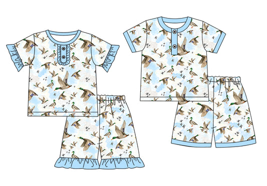 Preorder moq 5 Custom Baby Kids Short Sleeves Ducks Button Top Short Pajamas Sets