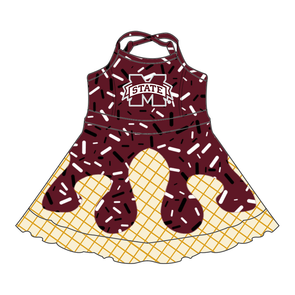 Preorder (moq 5)Baby Girls Drip Sprinkles M State Team Shorts Ruffle Knee Length Dress