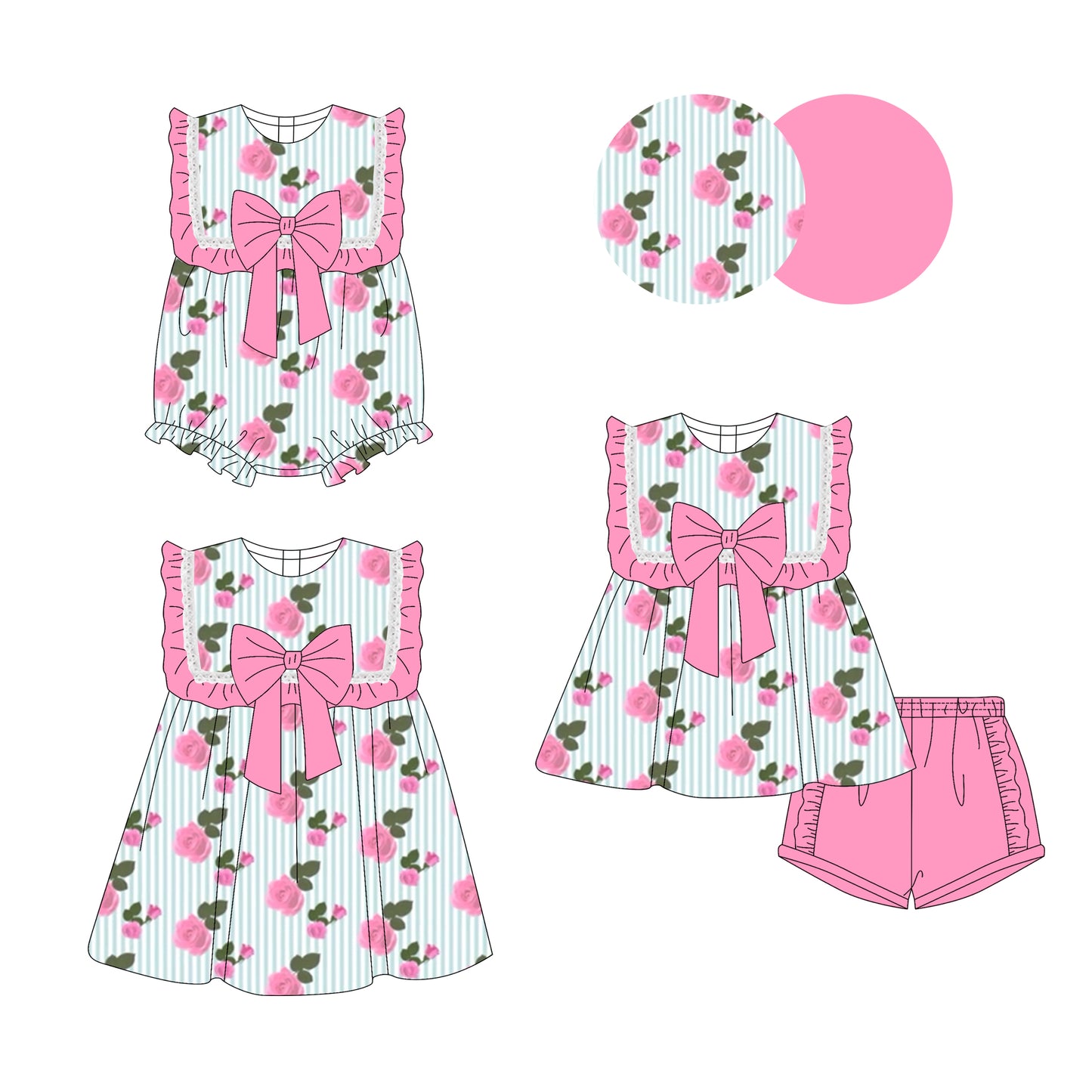 Preorder moq 5 Custom Baby Girls Pink Sleeveless Flowers Stripe Bow Tunic Ruffle Short Set Knee Length Dress Rompers