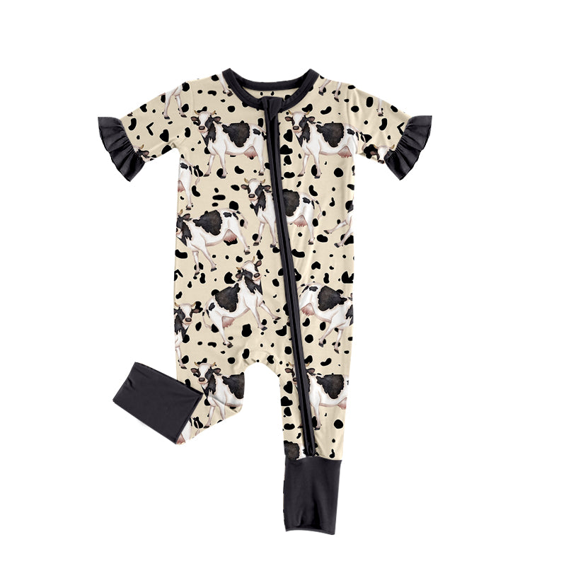 Baby Infant Girls Cow Western Short Sleeve Zip Rompers preorder(moq 5)