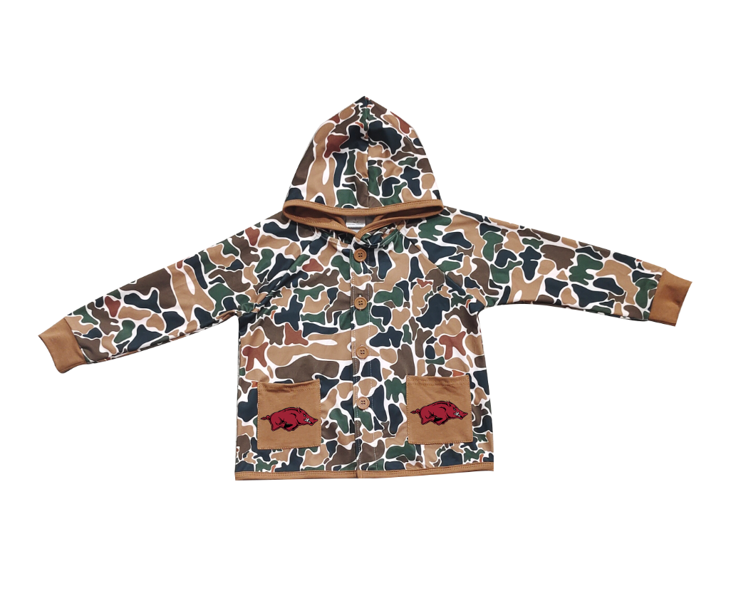 Preorder (moq 5)Baby Boys Dark Brown Camo Red Bulls Pockets Team Button Hoodie Jackets Top