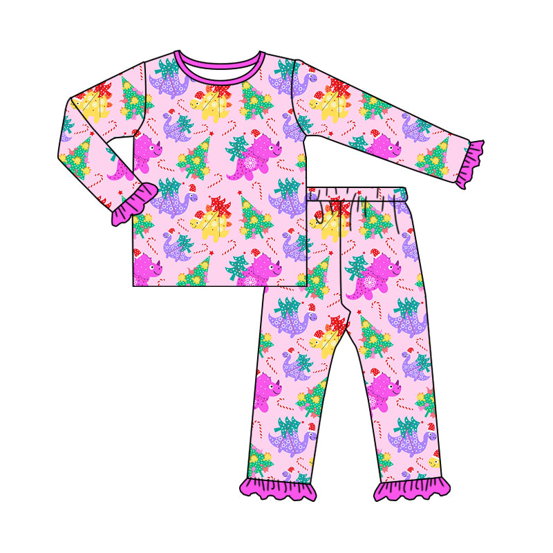 Baby Girls Birthday Dinosaurs Long Sleeve Top Pants Pajamas Clothes Sets Preorder(moq 5)