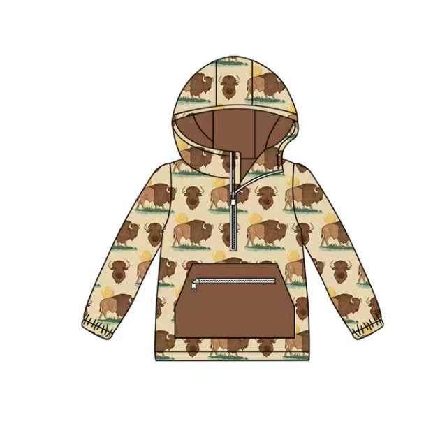 Preorder (moq 5)Baby Boys Brown Bull Zipper Pocket Western Hooded Tops