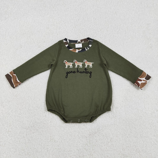 Embroidery Gone Hunting Dogs Baby Boys Olive Rompers