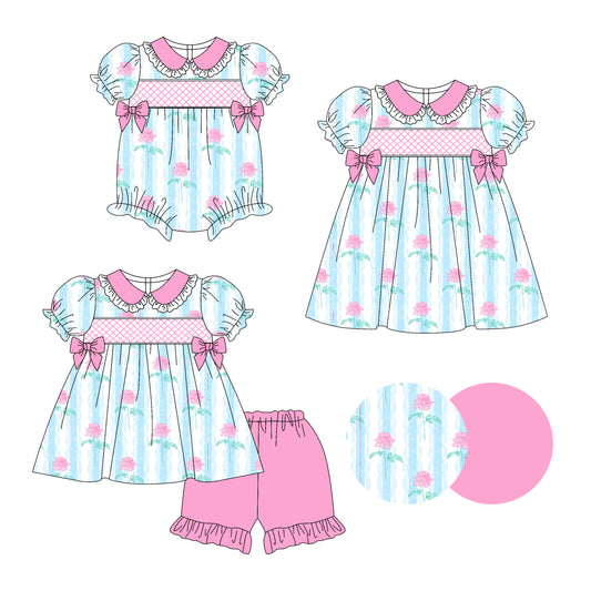 Preorder moq 5 Custom Baby Girls Pink Short Ruffle Sleeves Flowers Bows Tunic Ruffle Short Set Knee Length Dress Rompers