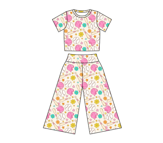 Preorder (moq 5)Baby Girls Baseball Flowers Top Bell Bottom Pants Clothes Sets