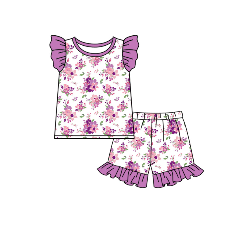 Baby Girls Purple Flowers Top Ruffle Shorts Clothes Sets Preorder(moq 5)