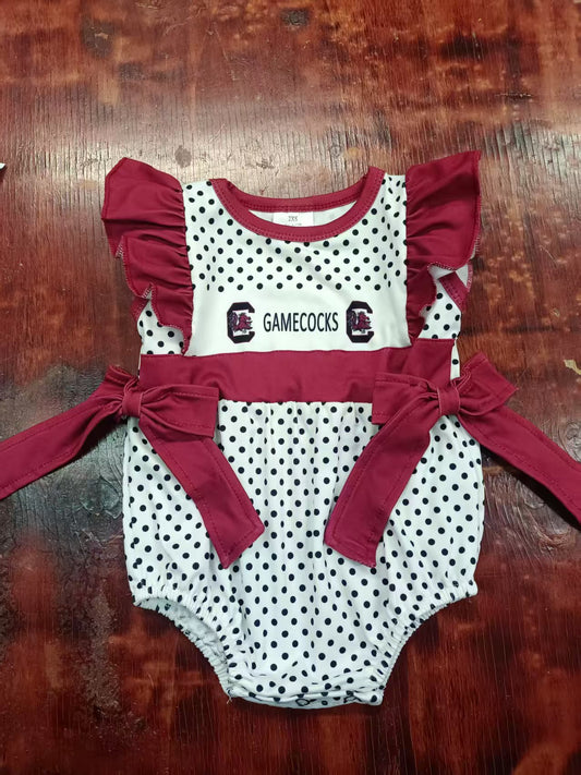 Preorder moq 5 Baby Girls Red Short Sleeves Polka Dots Gamecocks Bows Ruffle Rompers