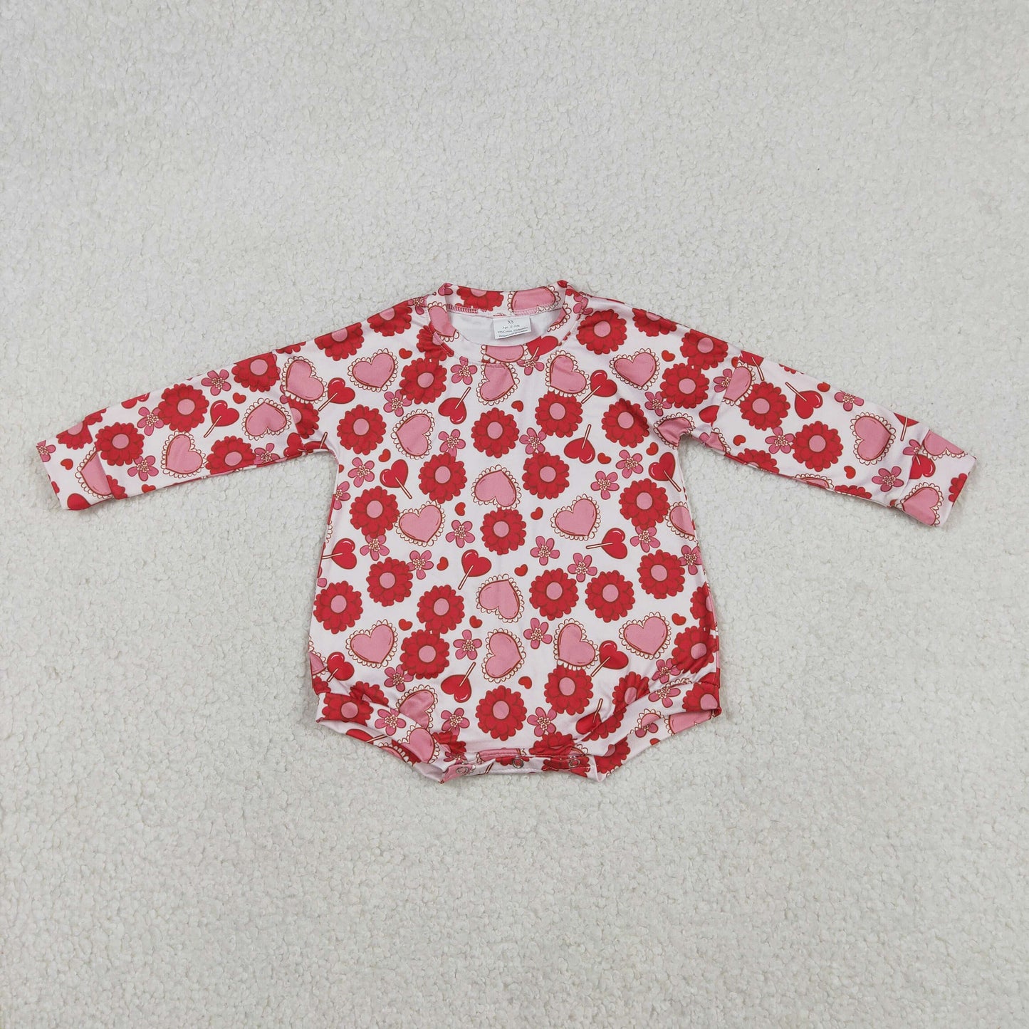 Baby Girls Long Sleeve Red Hearts Flowers Valentines Ruffle Rompers