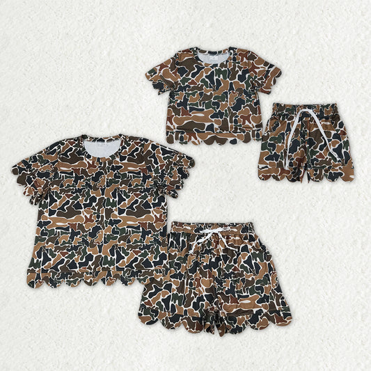 Mama and Me Girls Dark Brown Camo Top Pockets Short Scallop Clothes Sets