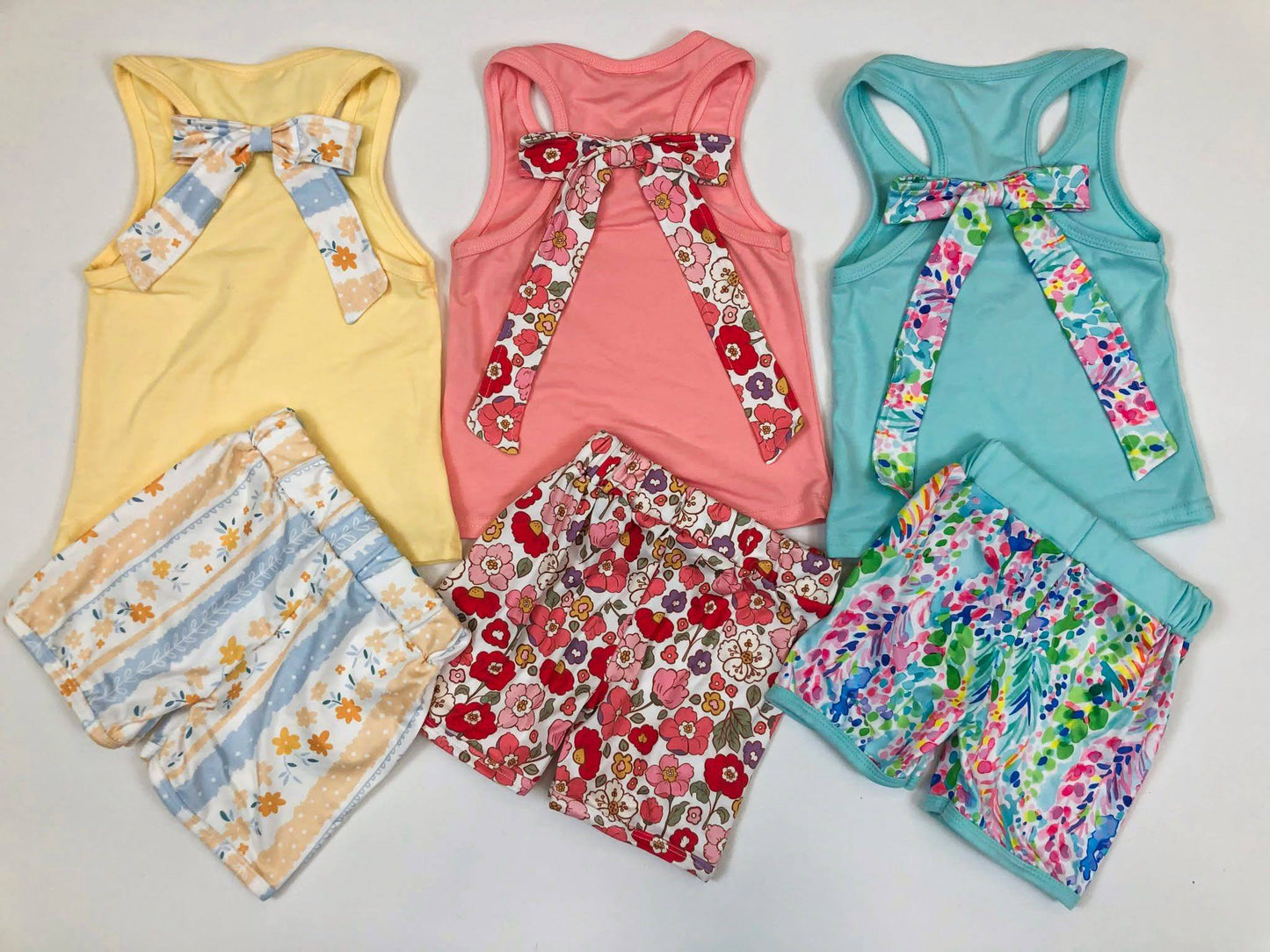 Sibling Summer Baby Girls Back Bow Vest Shirt Flowers Shorts Clothes Sets