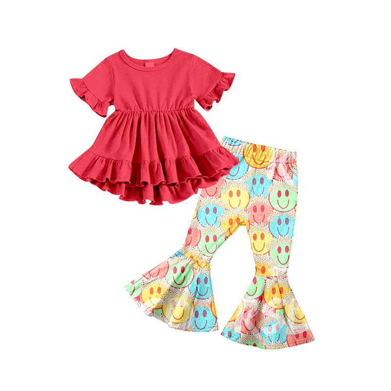 Baby Girls Red Tunic Top Bell Smile Flowers Pants Clothes Sets preorder(moq 5)