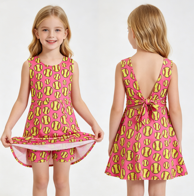 Baby Girls Sleeveless Softballs Team Yoga Active Shorts Knee Length Dress