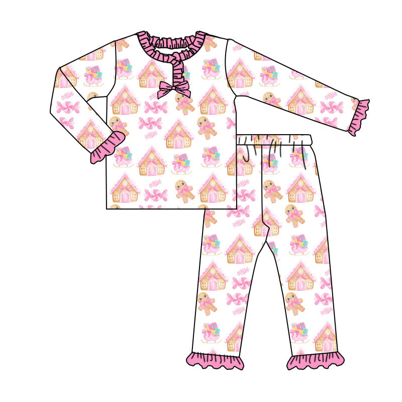 Preorder (moq 20)Baby Girls Bamboo Pink House Gingerbread Christmas Ruffle Pajamas Sets