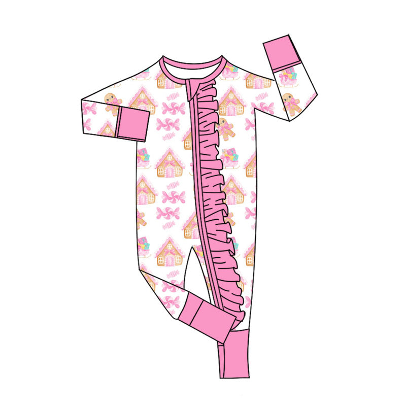 Preorder (moq 20)Baby Girls Bamboo Pink House Gingerbread Christmas Ruffle Zippy Footie Rompers