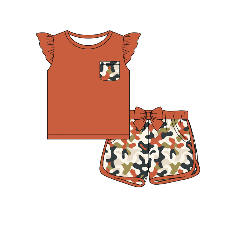 Preorder (moq 5)Baby Girls Pocket Tee Top Dark Red Camo Shorts Clothes Sets
