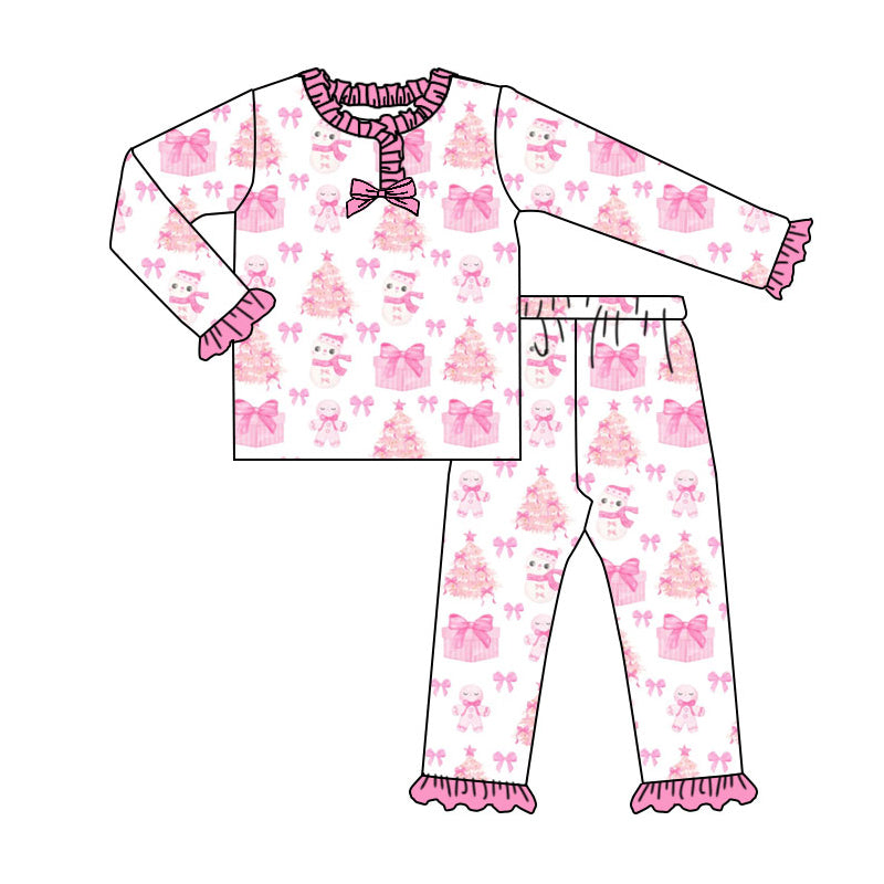 Preorder (moq 20)Baby Girls Bamboo Pink Bows Trees Snowmen Christmas Ruffle Pajamas Sets