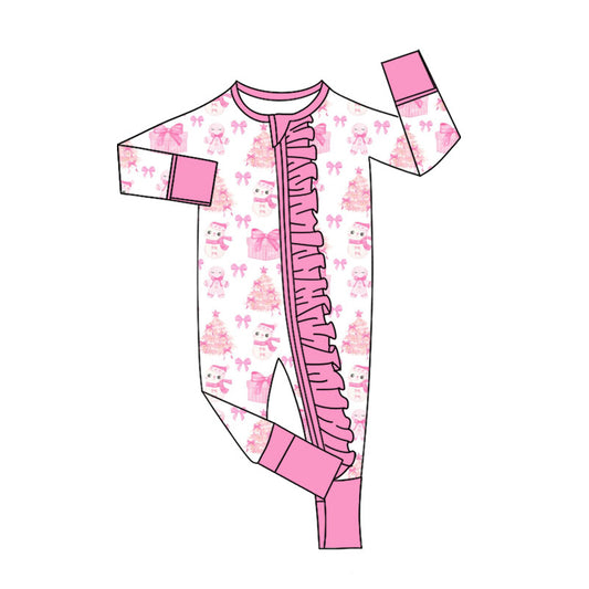 Preorder (moq 20)Baby Girls Bamboo Pink Bows Trees Snowmen Christmas Ruffle Zippy Footie Rompers