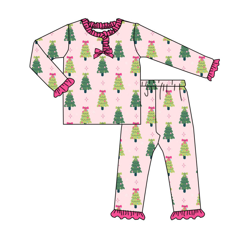 Preorder (moq 20)Baby Girls Bamboo Bows Trees Stars Christmas Ruffle Pajamas Sets