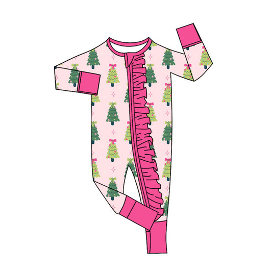 Preorder (moq 20)Baby Girls Bamboo Bows Trees Stars Christmas Ruffle Zippy Footie Rompers