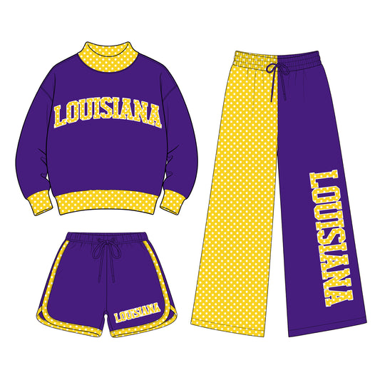 Preorder (moq 5) Baby Girls Louisiana Shirt Shorts Flare Pants Team Three Pieces Clothes Sets