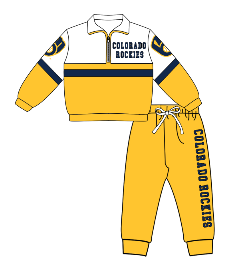 Preorder (moq 5)Baby Boys Yellow Colobado Bockies Zipper Pullover Jogger Pants Team Clothes Set