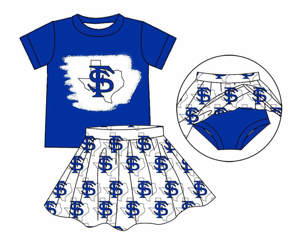 Preorder (moq 5)Baby Girls Blue TS Top Bummie Skorts Team Sets