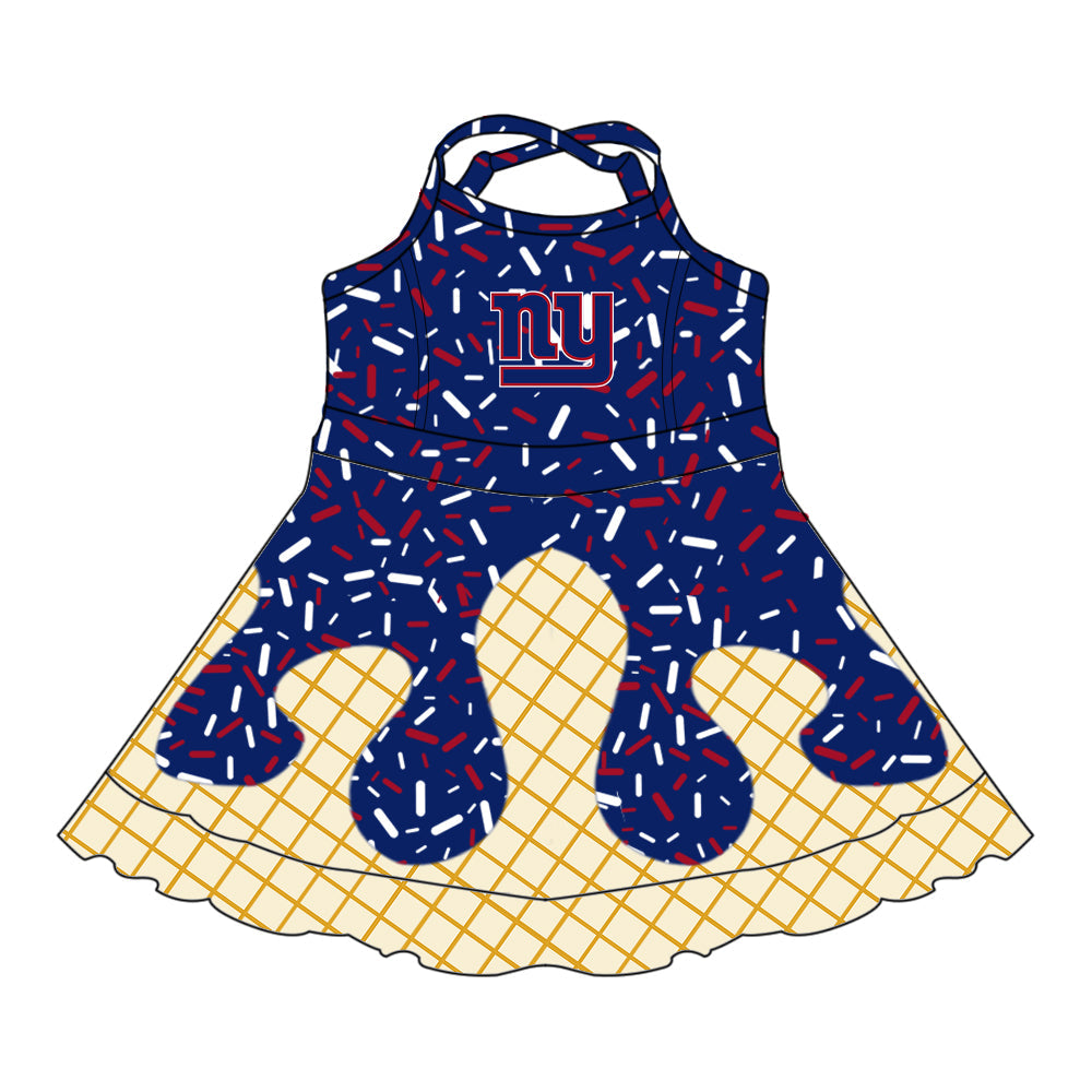 Preorder (moq 5)Baby Girls Drip Sprinkles New York Giants Team Shorts Ruffle Knee Length Dress