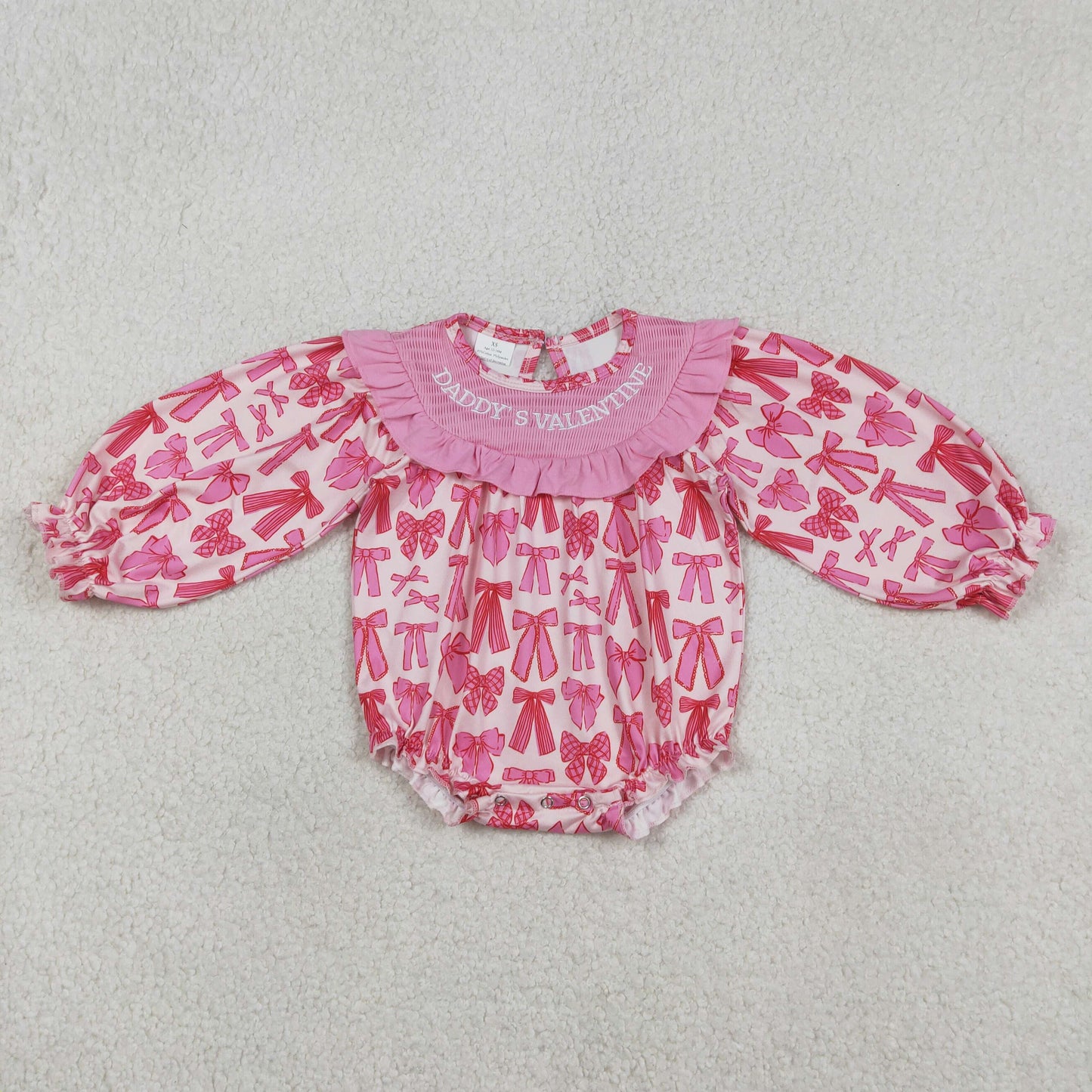 Embroidery Daddy's Valentine Baby Girls Long Sleeve Bows Ruffle Rompers