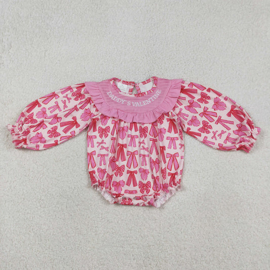 Embroidery Daddy's Valentine Baby Girls Long Sleeve Bows Ruffle Rompers