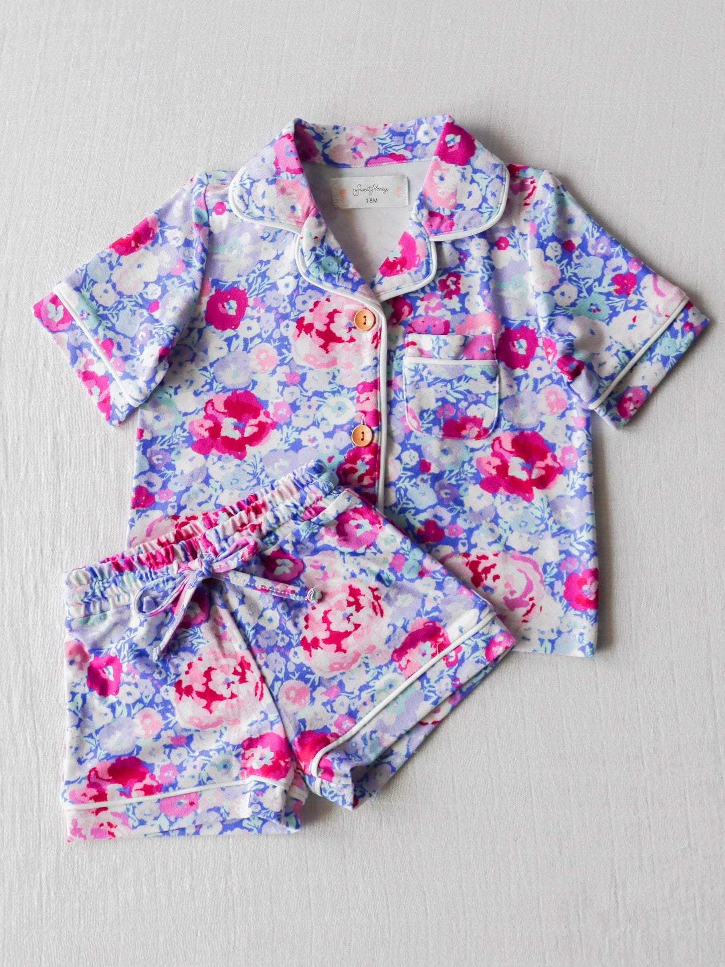 Baby Girls Blue Pink Flowers Buttons Top Shirt Shorts Pajamas Clothes Sets preorder (moq 5)