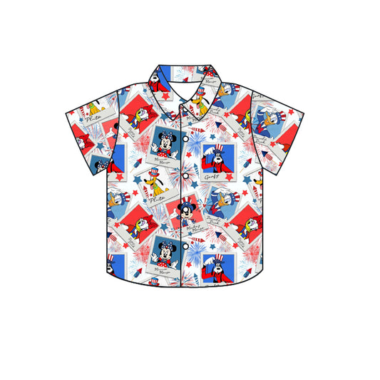 Baby Boys Blue Cartoon 4th Of July Mouse Buttons Short Sleeve Tee Shirts Tops preorder(moq 5)