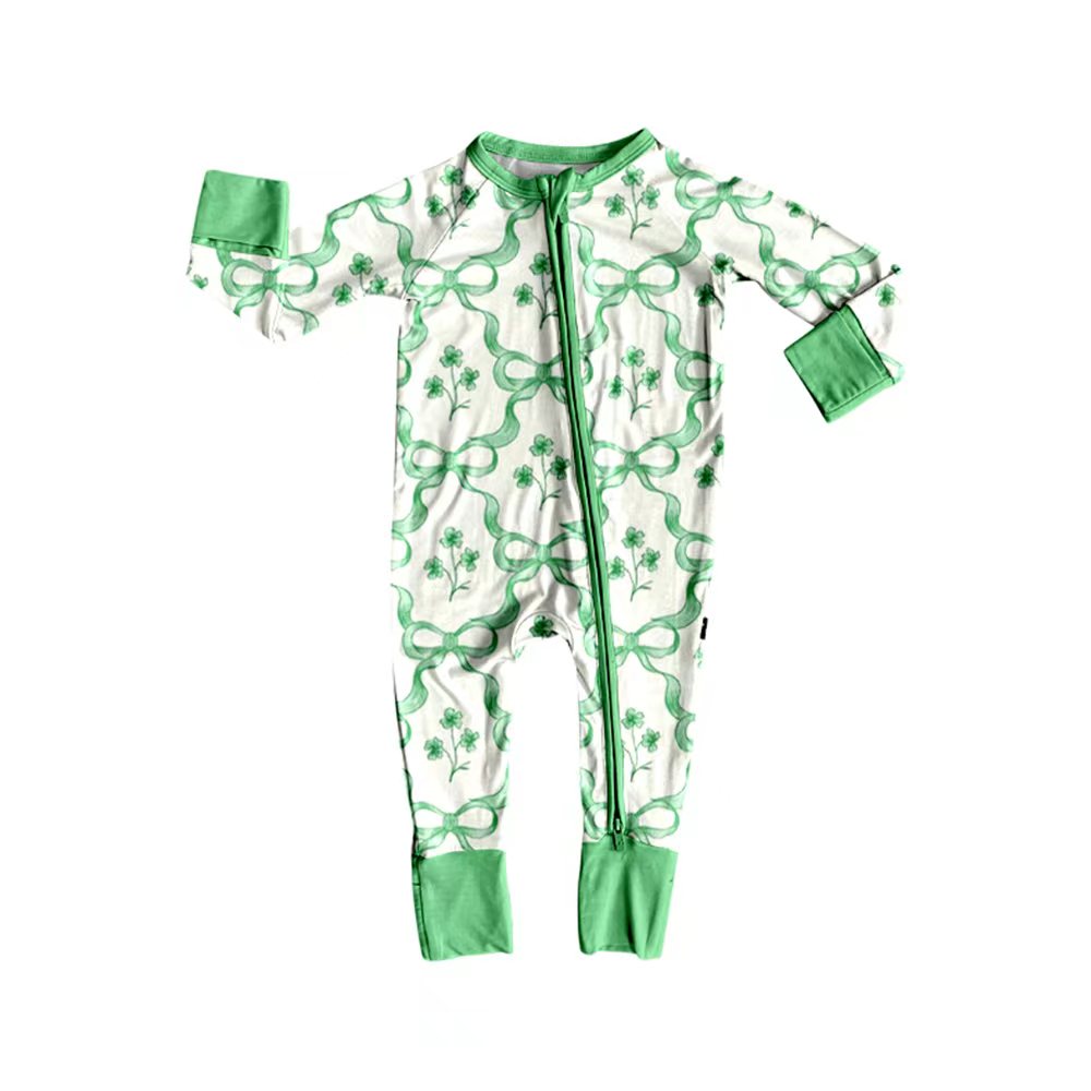 Preorder (moq 20)Baby Boys Bamboo Green Bows Flowers Plaid Zippy Footie Rompers