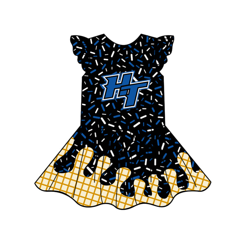 Preorder (moq 5)Baby Girls Black HT Team Flutter Sleeve Knee Length Dresses