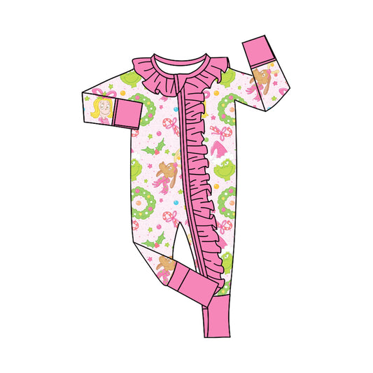 Preorder (moq 20)Baby Girls Bamboo Green Faces Candy Cane Dogs Christmas Ruffle Zippy Footie Rompers