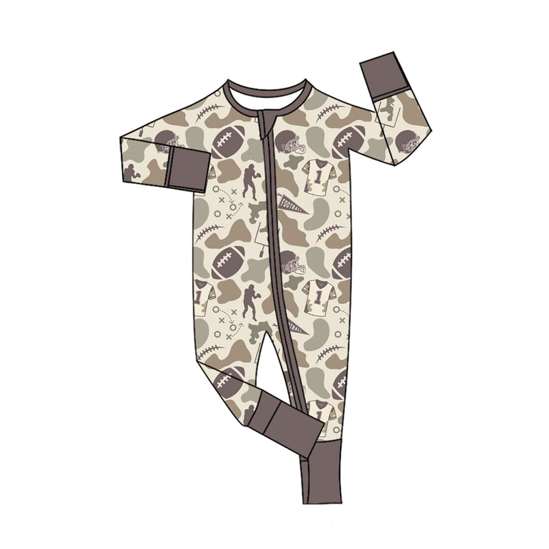 Preorder (moq 20)Baby Boys Bamboo Footballs Camo Team Hunting Zippy Footie Rompers