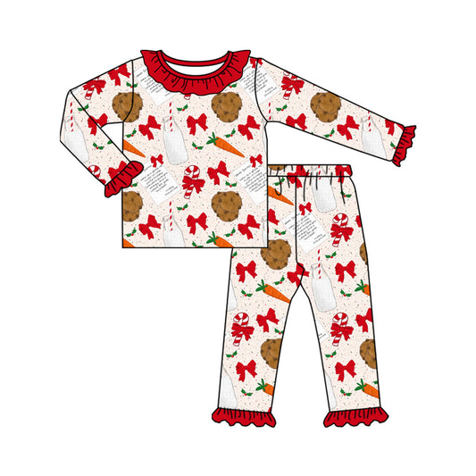 Preorder (moq 20)Baby Girls Bamboo Red Bows Milk Cookie Christmas Ruffle Pajamas Sets