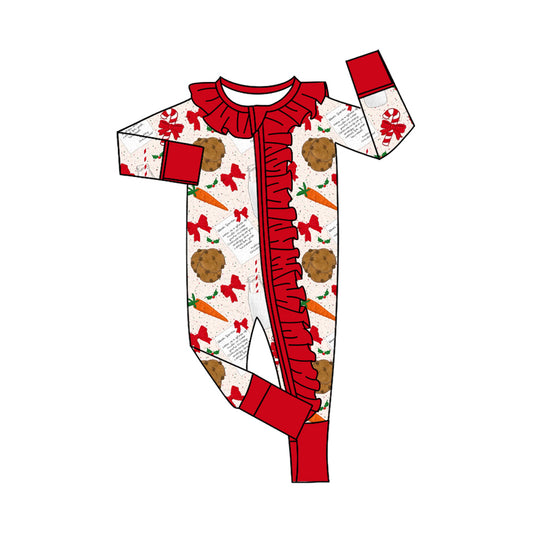Preorder (moq 20)Baby Girls Bamboo Red Bows Milk Cookies Christmas Ruffle Zippy Footie Rompers