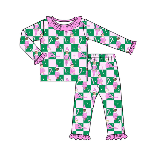 Preorder (moq 20)Baby Girls Bamboo Pink Green Checked Elf Candy Cane Christmas Ruffle Pajamas Sets