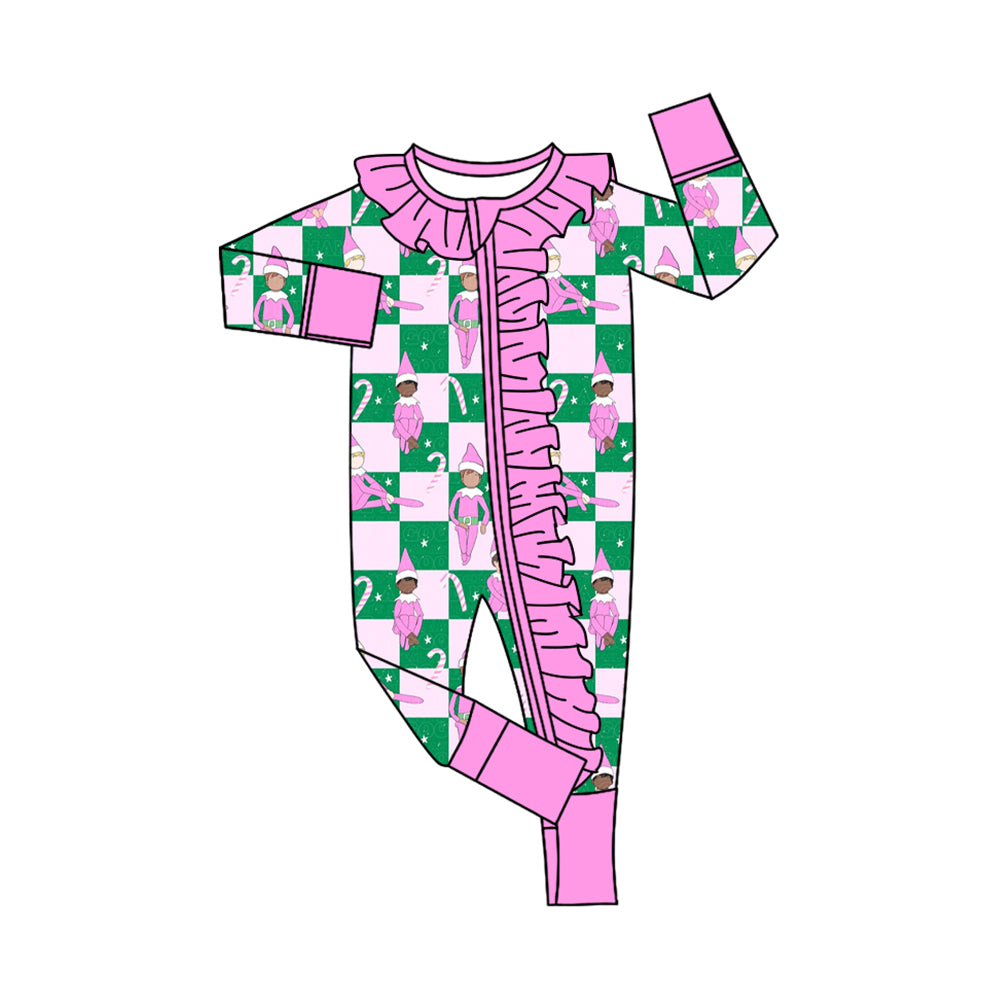 Preorder (moq 20)Baby Girls Bamboo Pink Green Checked Elf Candy Cane Christmas Ruffle Zippy Footie Rompers