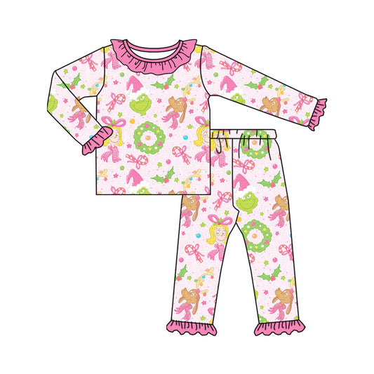 Preorder (moq 20)Baby Girls Bamboo Green Face Candy Cane Dogs Christmas Ruffle Pajamas Sets