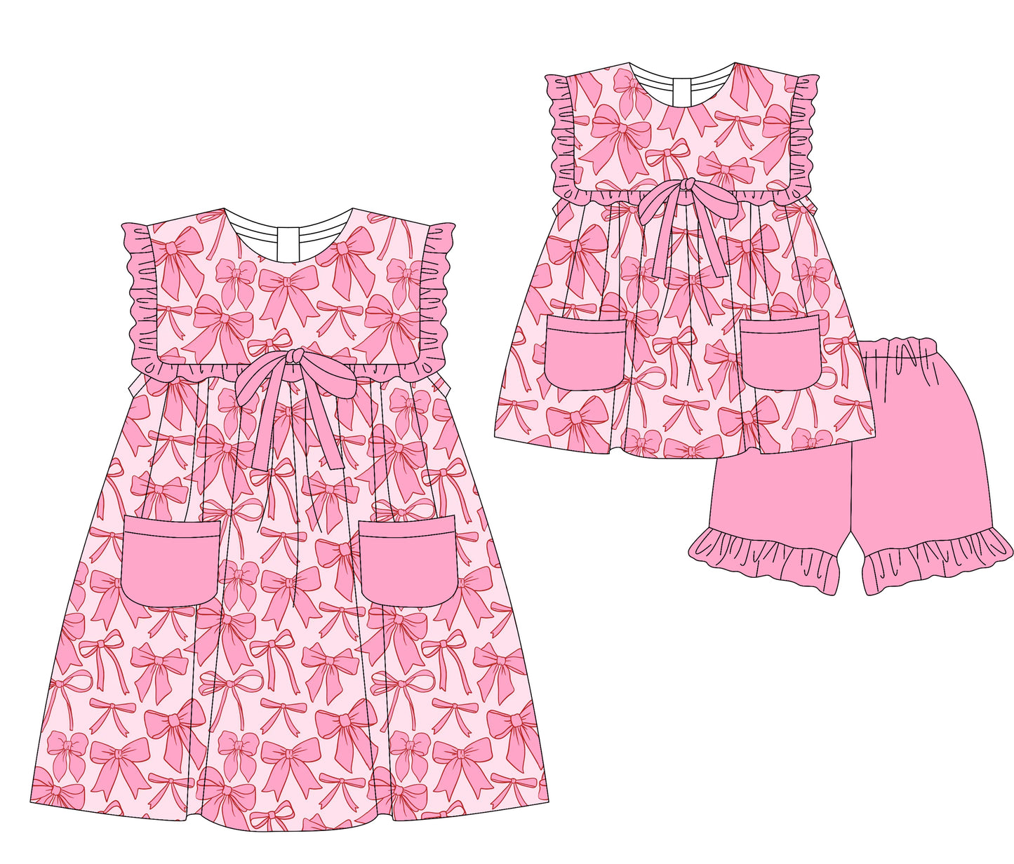 Preorder moq 5 Custom Baby Girls Pink Bows Plaid Pockets Tunic Ruffle Short Set Knee Length Dresses