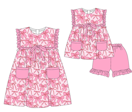 Preorder moq 5 Custom Baby Girls Pink Bows Plaid Pockets Tunic Ruffle Short Set Knee Length Dresses