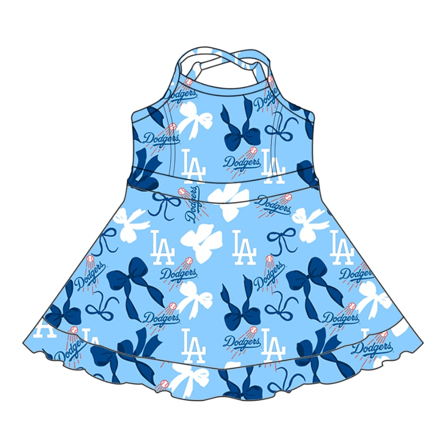 Preorder (moq 5)Baby Girls Blue Strap Bows Team Shorts Knee Length Dresses