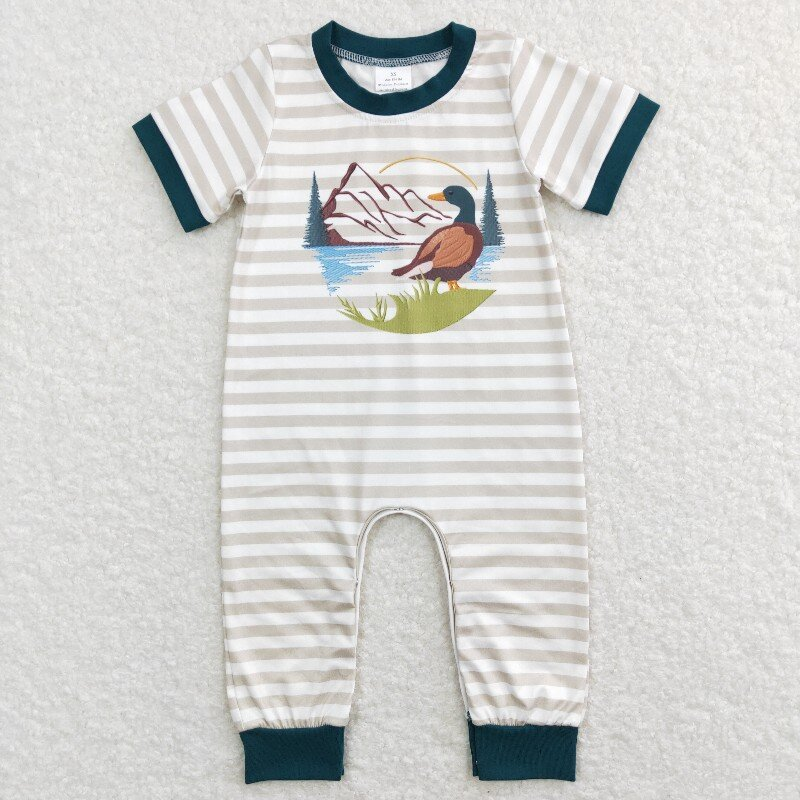 Baby Boys Duck Hunting Khaki Stripes Short Sleeve Rompers