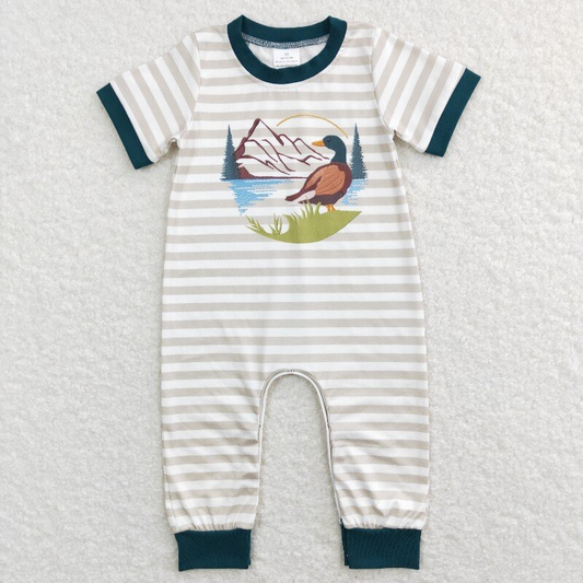 Baby Boys Duck Hunting Khaki Stripes Short Sleeve Rompers