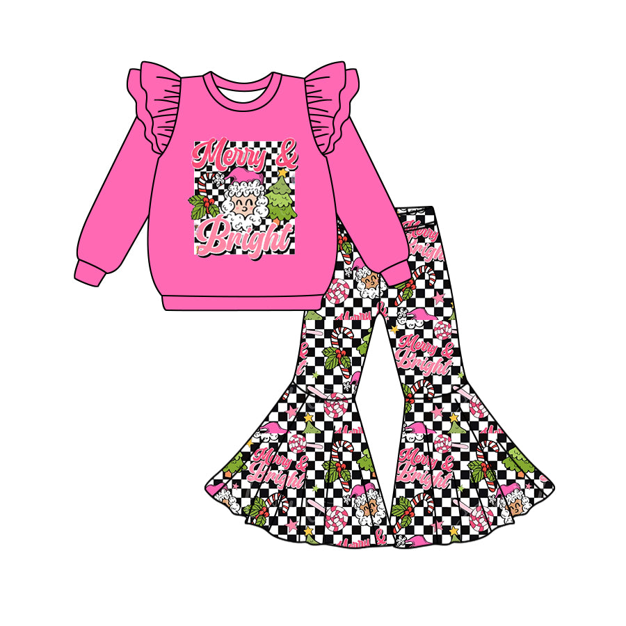 Baby Girls Christmas Merry Bright Top Checkered Bell Pants Clothes Sets Preorder(moq 5)