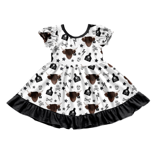 Baby Girls Western Black Cow Ruffle Knee Length Dresses Preorder(moq 5)